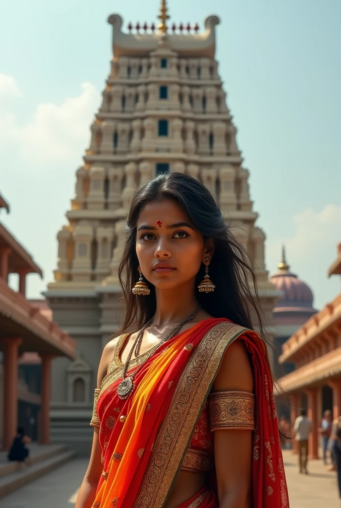 Beautiful Indian girl in saree standing infront of jagannath temple
