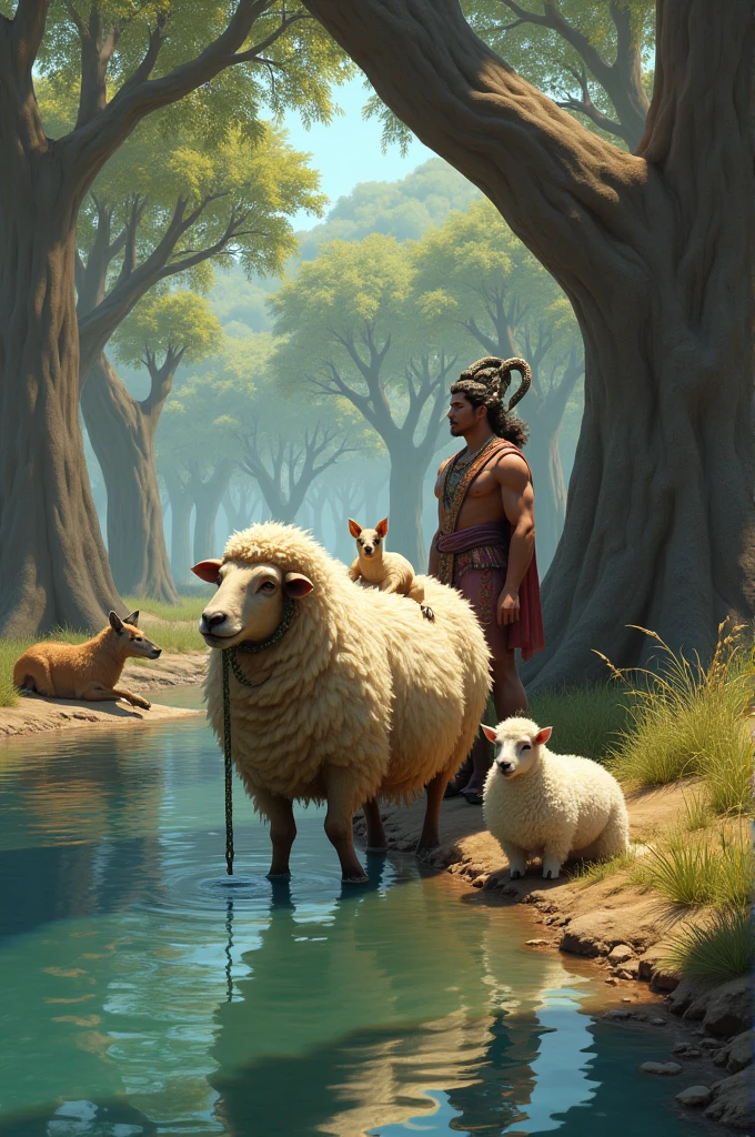 a sheep in the river drinking water On the back of the lamb. A jackal is sitting. A snake is sitting on the head of a lord. The sheep is holding the rope. There are big daub trees around HD
