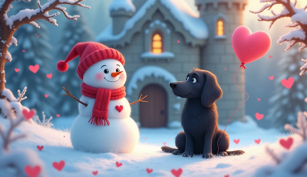 A charming fluffy white snowman wearing a red knitted hat and a red scarf with a heart design. The snowman has bright, sparkling black eyes and a delicate, happy expression. a huge black dog at front of a rock castle's door. It sits in an enchanting winter setting with light pink heart-shaped balloons and heart-shaped snowflakes drifting around. The surrounding trees are laden with snow and the sky above glows with a gentle twilight blue, contributing to a magical and affectionate mood. The image should embody a cartoon-like and extremely adorable style, with a soft-focus background to amplify the fairy-tale-like ambiance of the composition.