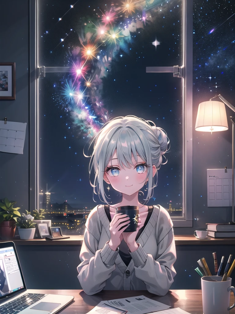 ((8k, Highest quality, masterpiece: 1.3)),Ultra-high resolution,(1 girl, alone), (Color changing eyes, Ultra-detailed, Expressive brilliance, Glitter, Glowing Eyes), Highly detailed eyes, Highly detailed face, Random Hair, ((pastel colour)) At her home office desk, the woman is working late into the evening, with her laptop and a desk lamp providing the only light. The desk is cluttered with sticky notes, a cup of tea, a calendar, and a picture of her pet. The room’s walls are painted a calming blue, and a window beside her desk shows a night sky filled with stars. She’s dressed in a casual grey cardigan over a black tank top and leggings, with her hair in a messy bun. She glances at the camera with a peaceful, content smile, reflecting a quiet moment of satisfaction after a long day of work.