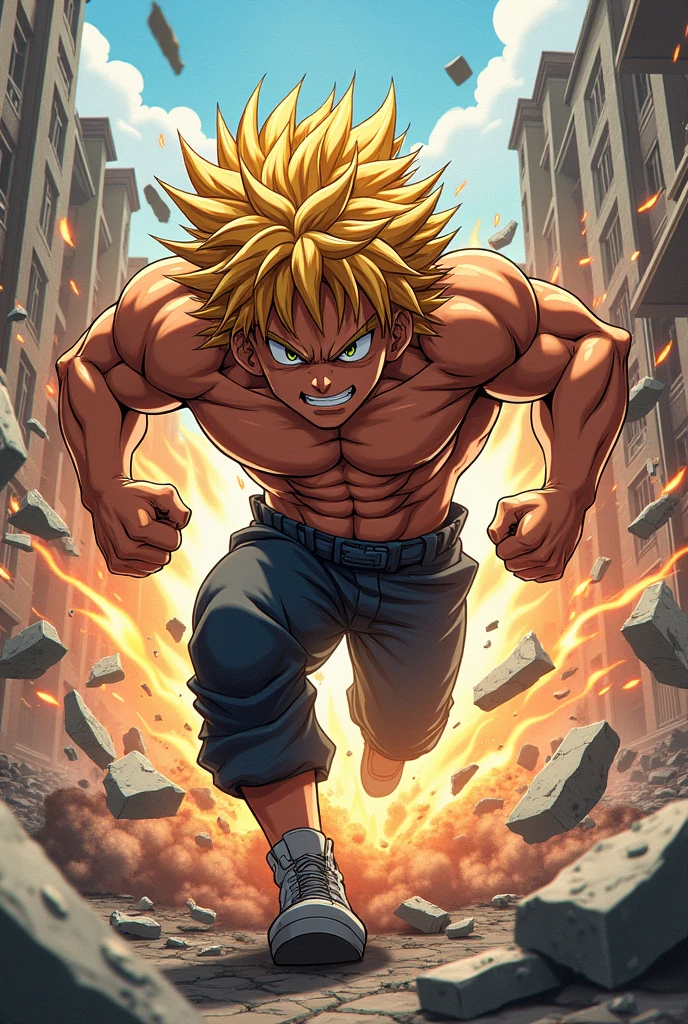 Make katsuki bakugo bull dozing various obstacles using enhanced strength and durabillity in anime style.