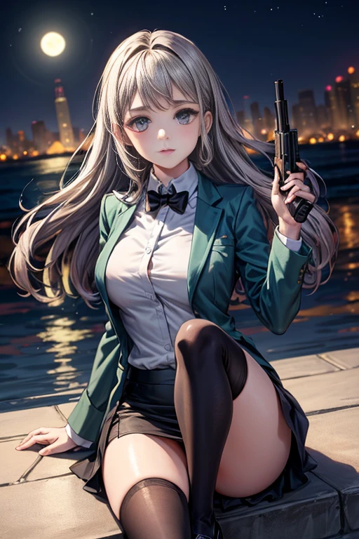 Highest quality、Ultra HD、One Woman、(Silver long hair 1.3)、(Green blazer 1.3)、(White tight mini skirt 1.3)、(Black tie)、(Black loafers 1.1)、((1 who has a gun.2))、(Large Breasts)、(Thighs)、(Black knee-highs 1.2)、(Beautiful face with sharp eyes 1.2)、40-year-old woman、Slender body、(Night city background 1.2)、((Clear and beautiful touch))