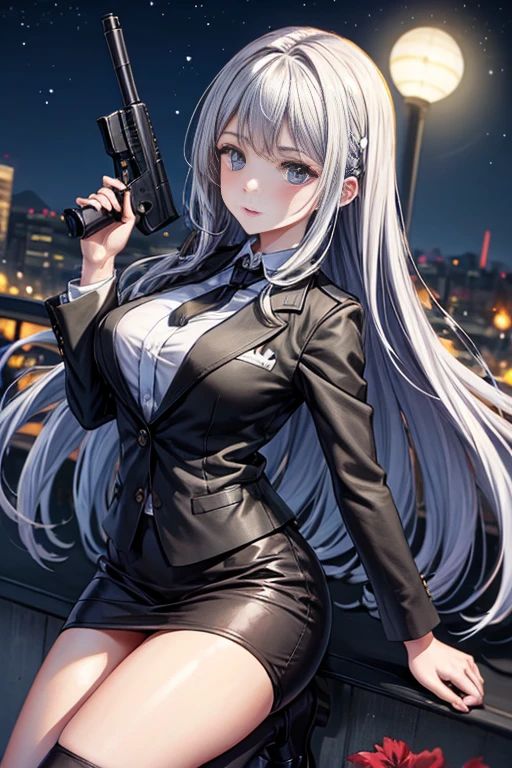 Highest quality、Ultra HD、One Woman、(Silver long hair 1.3)、(Green blazer 1.3)、(White tight mini skirt 1.3)、(Black tie)、(Black loafers 1.1)、((1 who has a gun.2))、(Large Breasts)、(Thighs)、(Black knee-highs 1.2)、(Beautiful face with sharp eyes 1.2)、40-year-old woman、Slender body、(Night city background 1.2)、((Clear and beautiful touch))