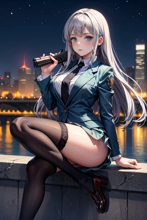 Highest quality、Ultra HD、One Woman、(Silver long hair 1.3)、(Green blazer 1.3)、(White tight mini skirt 1.3)、(Black tie)、(Black loafers 1.1)、((1 who has a gun.2))、(Large Breasts)、(Thighs)、(Black knee-highs 1.2)、(Beautiful face with sharp eyes 1.2)、40-year-old woman、Slender body、(Night city background 1.2)、((Clear and beautiful touch))