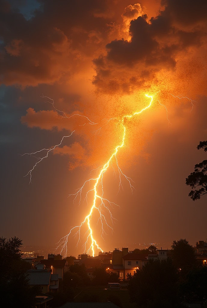 Create a thunderstorm of golden leaves on an urban night, A storm where the clouds are made of golden leaves that float and spin in the air. Lightning is a luminous line of pure energy that resembles the lava of a volcano., that create geometric patterns in the sky.