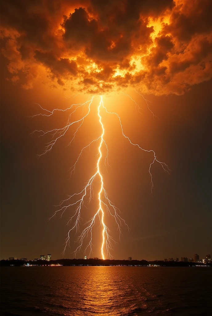 Create a thunderstorm of golden leaves on an urban night,  A storm where the clouds are made of golden leaves that float and spin in the air. Lightning is a luminous line of pure energy that resembles the lava of a volcano., that create geometric patterns in the sky.