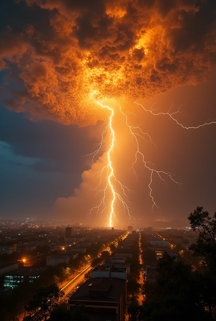 Create a thunderstorm of golden leaves on an urban night,  A storm where the clouds are made of golden leaves that float and spin in the air. Lightning is a luminous line of pure energy that resembles the lava of a volcano., that create geometric patterns in the sky.