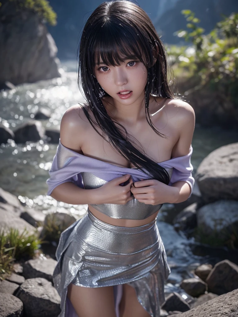 a very beautiful japanese girl, very cute high school girl assassin, detailed portrait of innocent 17-years-old virgin, ((in the mountain trail:1.2)), (off-shoulder-silver breastplate:1.2), (purple long maxi-skirt, purple arm cover, silver booties:1.2),(full body, run away:1.2),(blush, she calls for aid, crying out in a loud manner, open mouth wide:1.2), she was paralyzed with fear, perfect body, cold sweat, body soaked in sweat, firm and elastic skin, lively faces, glowing lips, watery eyes, cute double eyelids and black eyes, cleavage, attractive thighs, glossy straight medium black hair, asymmetrical bangs, hair flutters, dark fantasy, photo-realistic, surreal, cinematic lighting, 32K, backlight, (bright light:1.2), (Improvement of quality:1.4), (Highest quality realistic textured skin:1.4),detailed eyes, detailed face, detailed hand,(Enhances the beauty of skin texture:1.1)