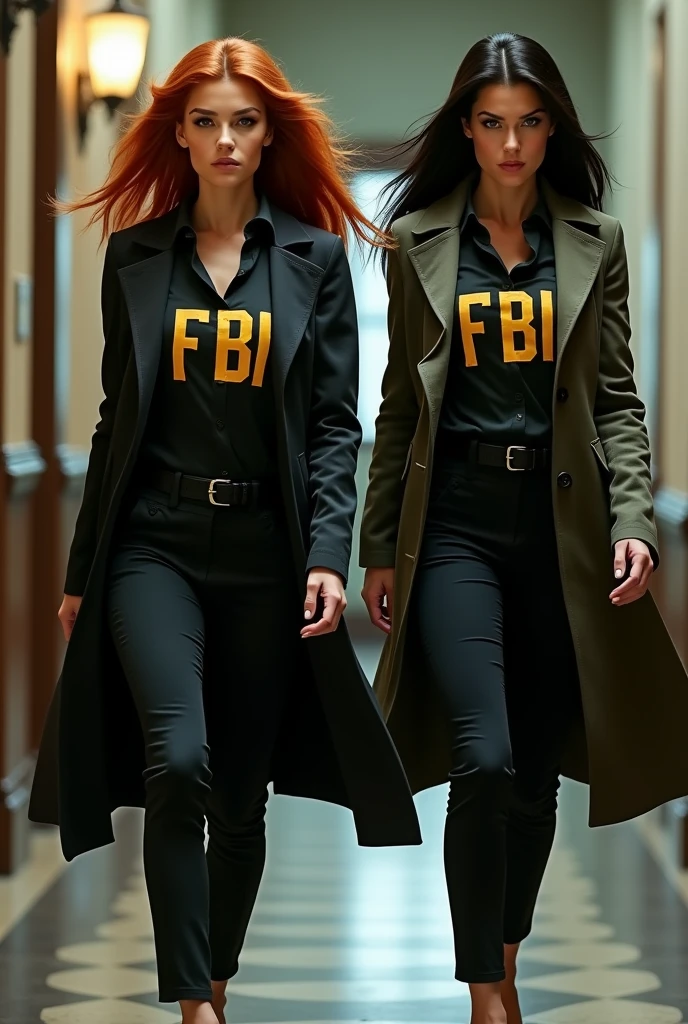 ultra realistic, photography, two women: one with long straight red hair, (30 years old, hourglass figure, perfect body), the other one: long black straight hair, (30 years old, hourglass figure, perfect fit body), Long eye lashes, seductive eyes, Award Winning Glamour Photograph extremely detailed award winning glamour photograph, front lit, HDR, they are dressed like a FBI Agents, under their trenchcoats their shirts are buttoned up, in yellow letters it says "FBI" on their trenchcoats, they are wearing elegant pants and high heels, they are running after a Person, action shot, cinematic shot,