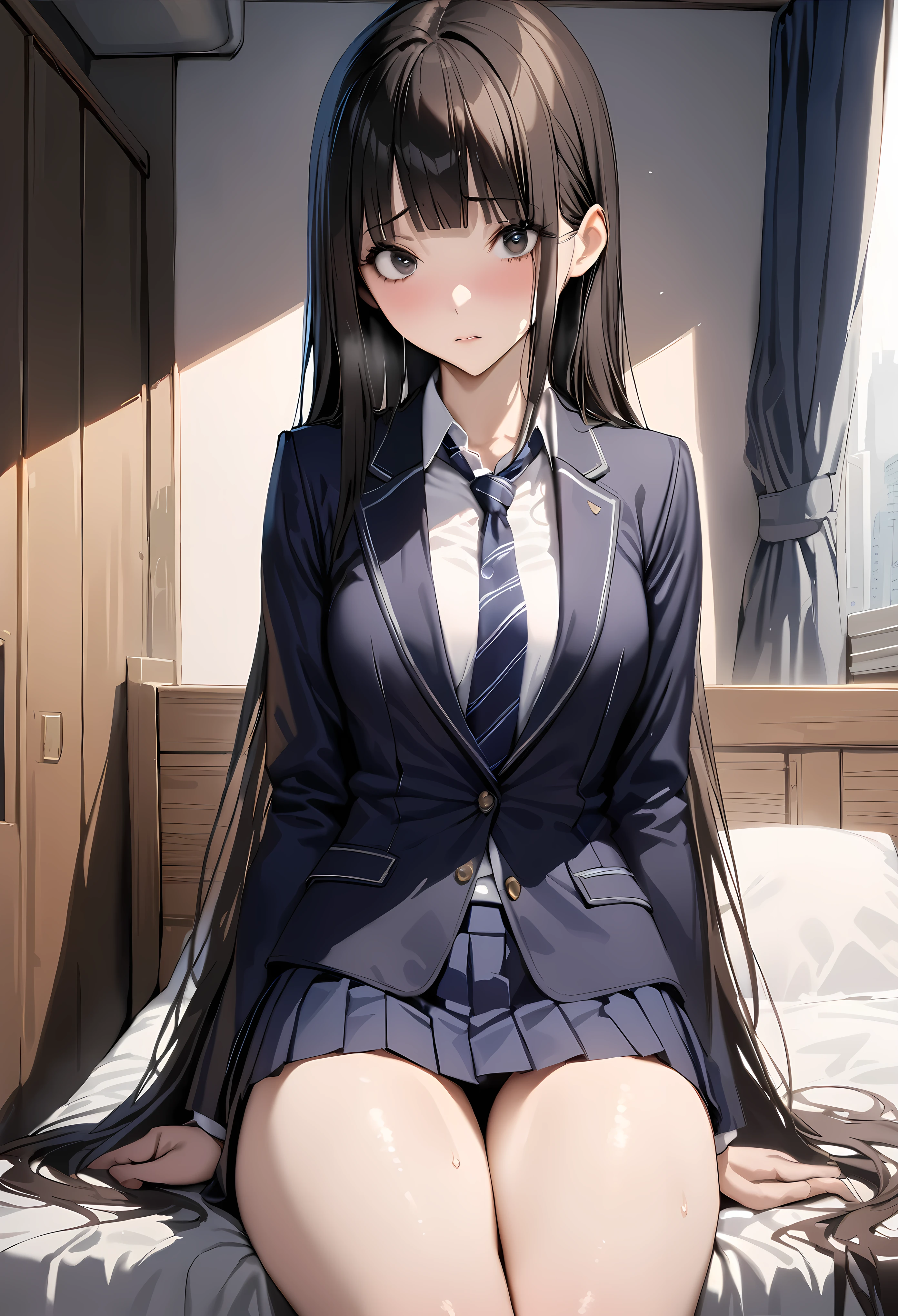 ((masterpiece,best quality anime,Highest quality:1.3)),realistic,cowboy shot,1woman,(30 year old beauty),((very small head:1.4)),((very long body:1.4)),straight long hair,black hair,(gorgeous big eyes),black eyes,shy,((slender body:1.4,skinny:1.3)),medium breasts,(School uniform、Dark blue blazer jacket、Navy blue tie、White shirt,pleated navy mini skirt),gleaming skin,shiny skin,sitting,Simple bed、Simple bedroom、Tokyo、