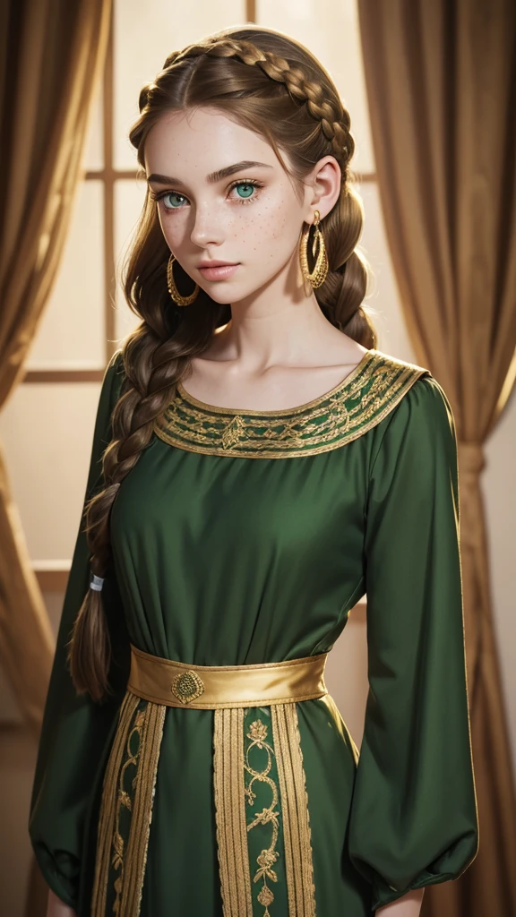 A young woman, full-length. Elongated, oval-shaped face, thin cheeks. Small, neat mouth. Soft green eyes. Very thin eyebrows. Golden freckles on her face. Pale skin. Long light brown hair, touseled in twist of braids on top of her head, a headband of braids. Gold earrings in her ears. Dressed in a long, green dress, similar to a medieval dress, the sleeves of the dress are tapered, closer to the arms are free, the neckline is small, a lot of details on the paltier, gold embroidery.