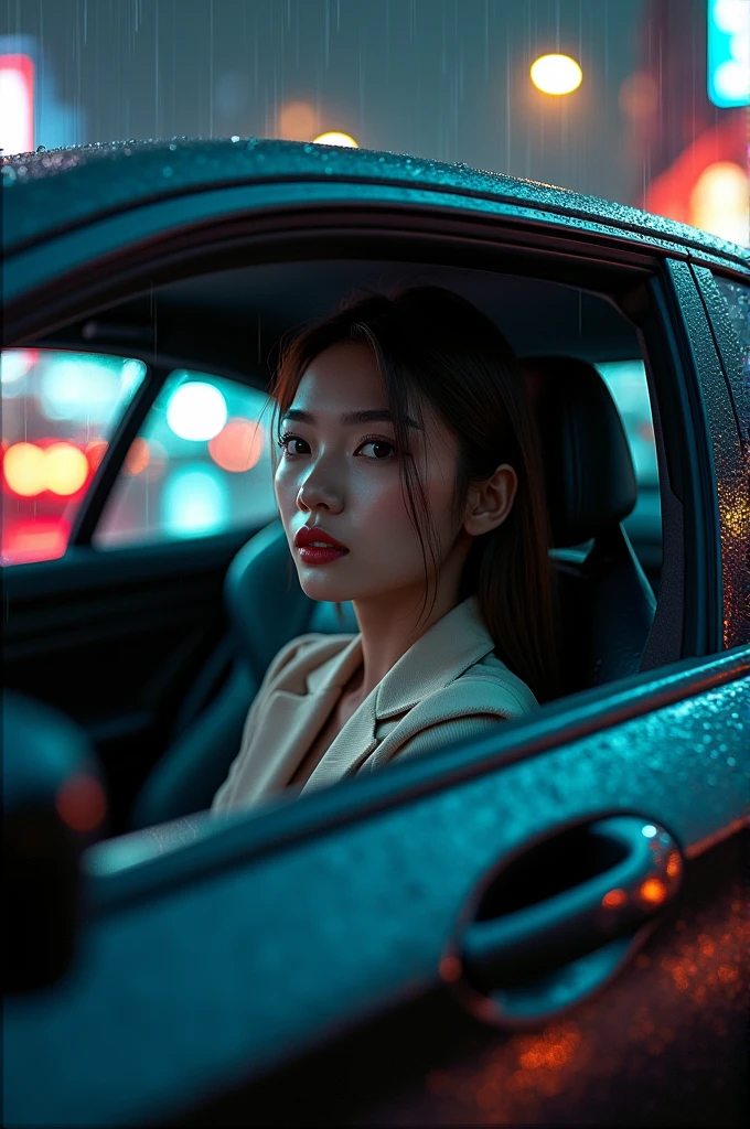 Korean beautiful girl in his bmw m5 f90 in rainy night city