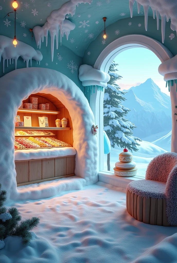 I want design for display area with seat in ice cream parlor iglu concept original