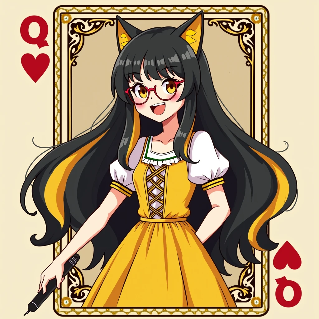 Create a Queen of Hearts card with a young woman, a yellow and white dress, looking happy and holding a microphone in her hand, tarot style, black long hair, yellow hair tail, Black and yellow highlighted hair color, Black and yellow gradient hair color, wear round glasses, A pair of cat ears on the head