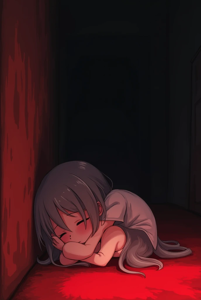 Tiny size small cute sensitive innocent shy blushed anime girl fear crying curl up in a ball and leaning towards the wall. She is hugging her knees and hiding her face. She is sleeping in a red black horrible nightmare background