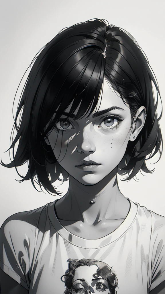 1 boyish girl, solo, sharp eyes, expressionless, monochrome, greyscale, short black hair, portrait, white T-shirt, closed mouth, looking at viewer, graphite \(medium\), detailed lips, hatching \(texture\), without makeup, bangs, upper body, (best illustration), (best quality), (very detailed), (masterpiece), expressionless,