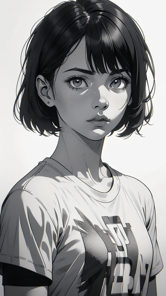 1 boyish girl, solo, sharp eyes, expressionless, monochrome, greyscale, short black hair, portrait, white T-shirt, closed mouth, looking at viewer, graphite \(medium\), detailed lips, hatching \(texture\), without makeup, bangs, upper body, (best illustration), (best quality), (very detailed), (masterpiece), expressionless,