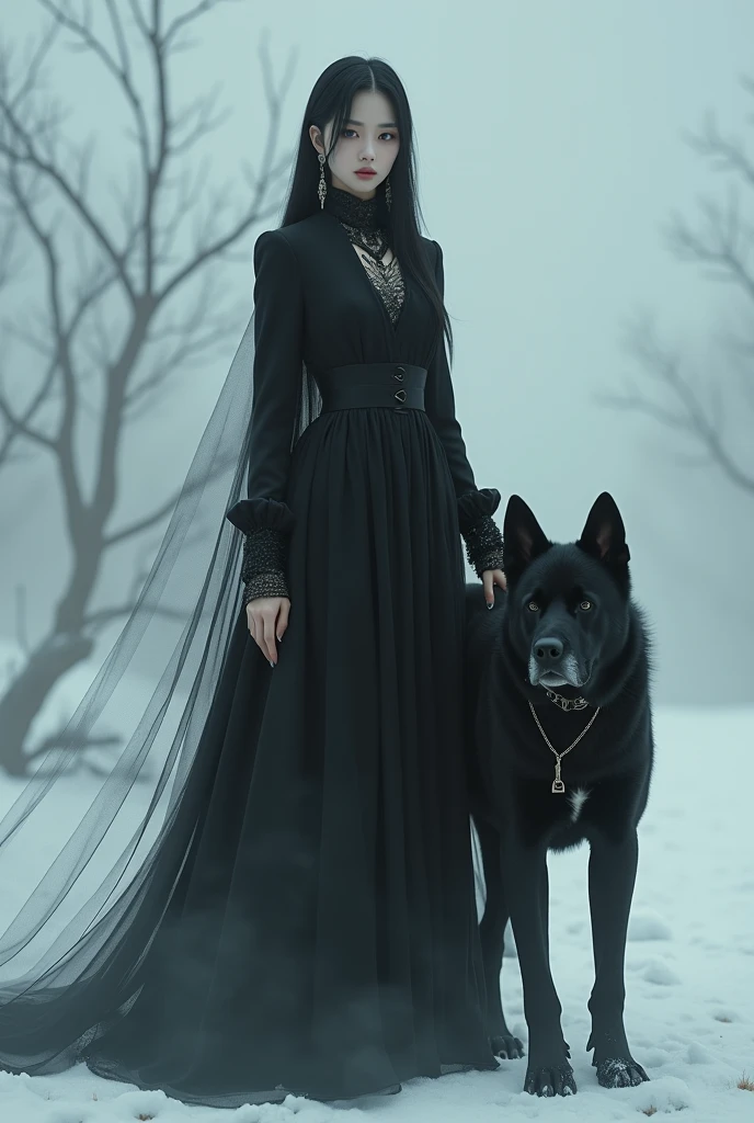 Captivating and sublime full-body illustration of a slim, pale-faced, long-haired Asian woman wearing a luxurious black coat and black jewelry. She is standing next to a black mastiff dog. The woman has black hair and wears a gothic outfit, elegant curves, hazy, semi-realistic manga style, it's dawn, The dog has black fur. The background is a foggy snowy landscape. The lighting is soft, the dark eye makeup of the girl accentuates her ethereal beauty and sinister aura, contrasting sharply with her glowing, almost supernatural skin, her perfectly shaped hands, an improbable scene. This fascinating image combines elements of hyperrealistic photography, 3D rendering and cinematic aesthetics, Taite Kubo manga, vibrant, poster, ethereal gothic and detailed glowing background, made with Unreal Engine 5 for graphics, rendering depth and mist highlighted by the Nikon d7500, use of Nvidia graphics performance