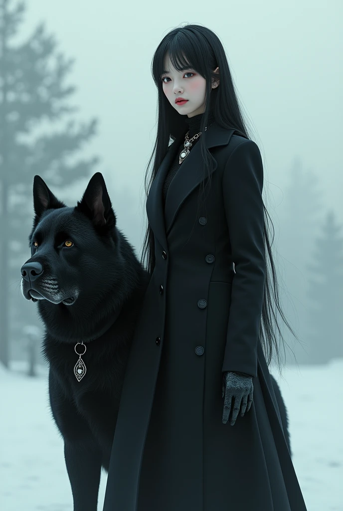 Captivating and sublime full-body illustration of a slim, pale-faced, long-haired Asian woman wearing a luxurious black coat and black jewelry. She is standing next to a black mastiff dog. The woman has black hair and wears a gothic outfit, elegant curves, hazy, semi-realistic manga style, it's dawn, The dog has black fur. The background is a foggy snowy landscape. The lighting is soft, the dark eye makeup of the girl accentuates her ethereal beauty and sinister aura, contrasting sharply with her glowing, almost supernatural skin, her perfectly shaped hands, an improbable scene. This fascinating image combines elements of hyperrealistic photography, 3D rendering and cinematic aesthetics, Taite Kubo manga, vibrant, poster, ethereal gothic and detailed glowing background, made with Unreal Engine 5 for graphics, rendering depth and mist highlighted by the Nikon d7500, use of Nvidia graphics performance