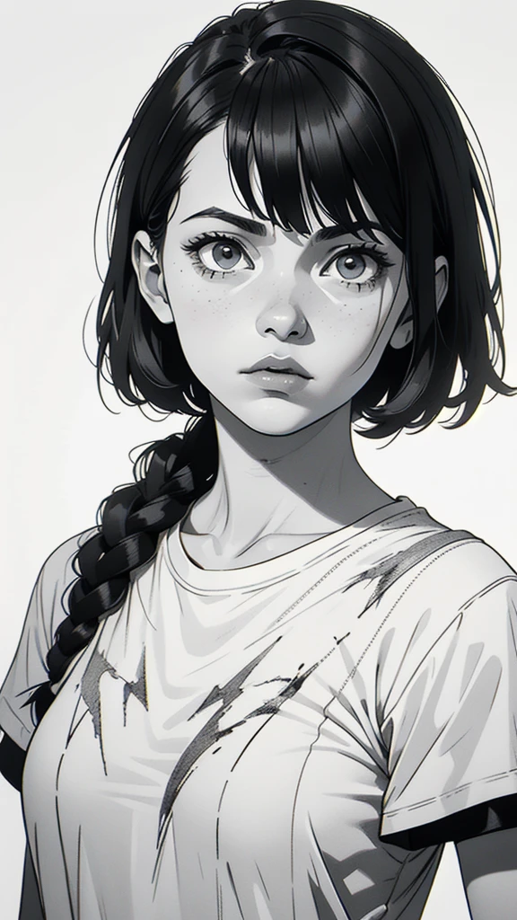1 boyish girl, solo, sharp eyes, expressionless, monochrome, greyscale, short black hair, portrait, white T-shirt, closed mouth, looking at viewer, graphite \(medium\), detailed lips, hatching \(texture\), without makeup, bangs, upper body, (best illustration), (best quality), (very detailed), (masterpiece), expressionless,