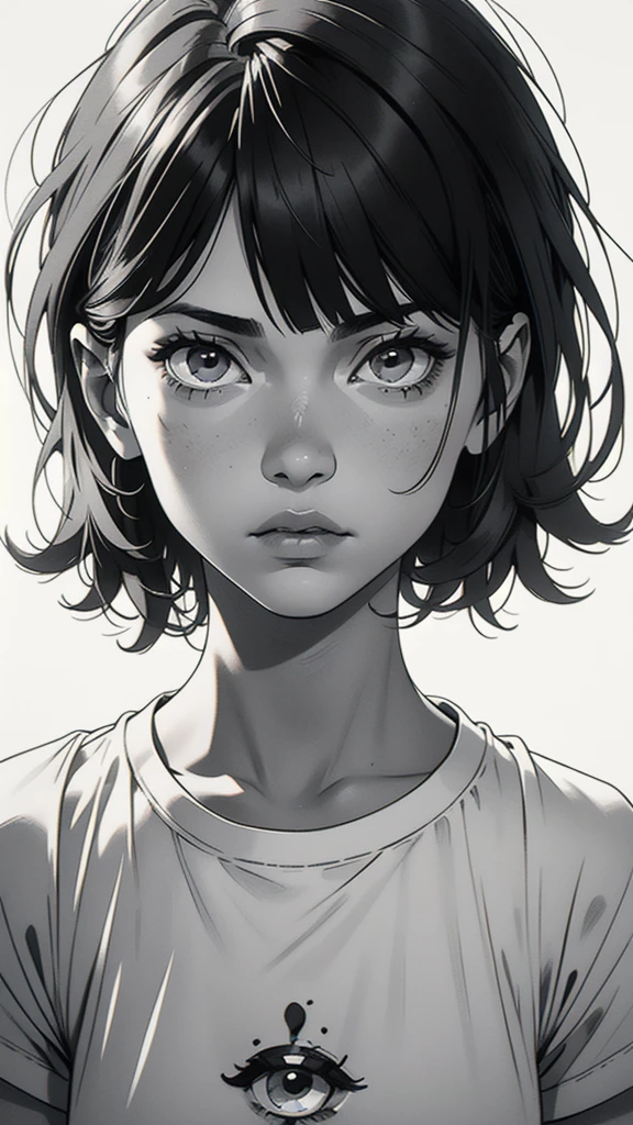 1 boyish girl, solo, sharp eyes, expressionless, monochrome, greyscale, short black hair, portrait, white T-shirt, closed mouth, looking at viewer, graphite \(medium\), detailed lips, hatching \(texture\), without makeup, bangs, upper body, (best illustration), (best quality), (very detailed), (masterpiece), expressionless,