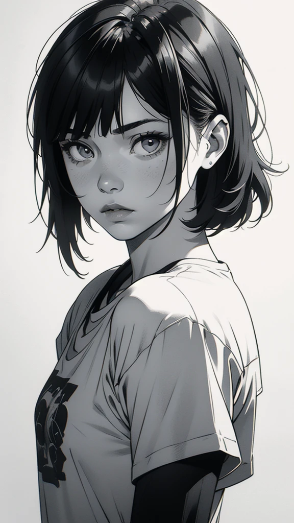 1 boyish girl, solo, sharp eyes, expressionless, monochrome, greyscale, short black hair, portrait, white T-shirt, closed mouth, looking at viewer, graphite \(medium\), detailed lips, hatching \(texture\), without makeup, bangs, upper body, (best illustration), (best quality), (very detailed), (masterpiece), expressionless,
