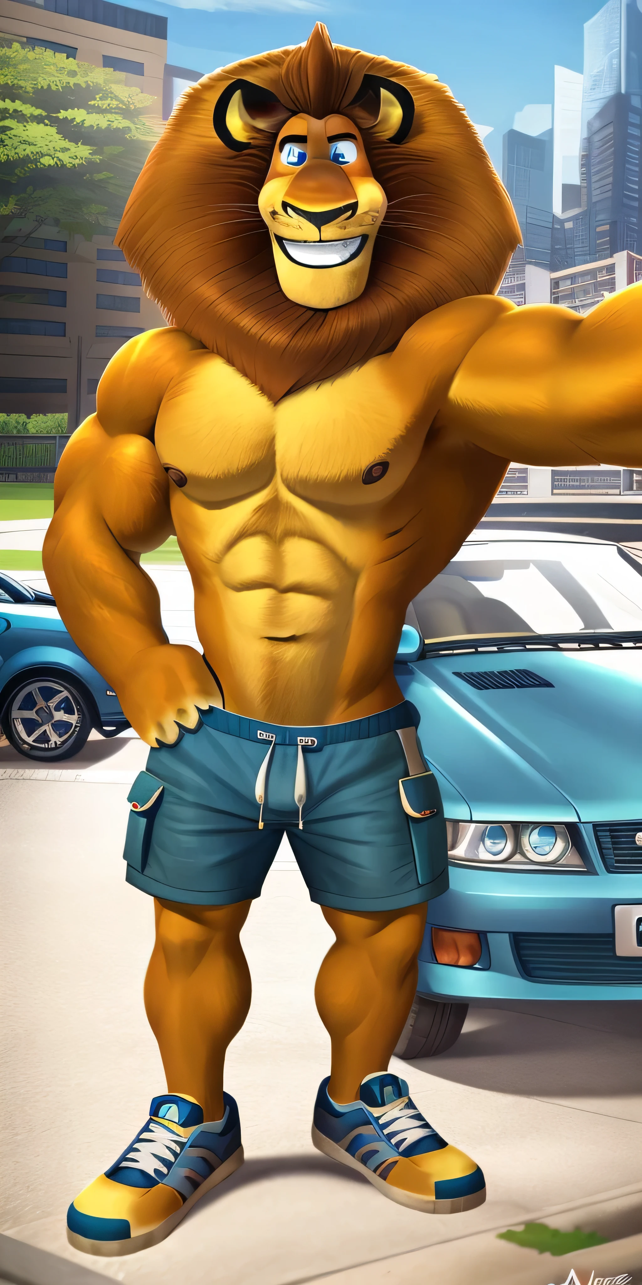 Alex the Lion, muscular body, big biceps, extremely beautiful and cute face, perfectly detailed blue eyes with perfectly detailed pupils, wears cyan polo, cargo shorts, grey sneakers, parking background, selfie, friendly look, cute smile, standing around luxury car