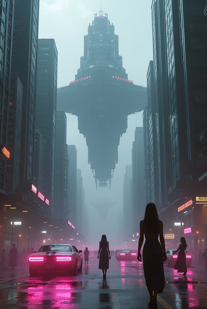 Photo of a huge dystopian secret facility, futurist, blade runner style, apocalypto, grey sky, a huge ship (Space freighter) floating around the structure, tem enormes edifícios futurists ao redor das instalações, the buildings have neon lights on, there are thousands of beautiful girls walking the streets, há carros futurists com luzes rosa neon ao seu redor, Alien Environment, as realistic as possible, award winning artwork.
