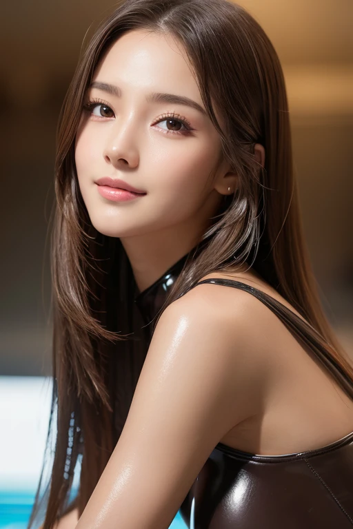 Latex bodysuit、Knee-high boots、Huge 、Long brown hair、Shiny, Oily skin、Glowing Skin、Indoor competition pool、White skin、Flying debris, Highest quality, Realistic, Very detailed, finely, High resolution, 8K デンデ wallpaper, One beautiful woman,, Light brown messy hair, Wear a business suit, Sharp focus, Perfect dynamic composition, Beautiful and detailed, Detailed Hair, Detailed Realistic skin texture, smile, Close-up portrait, Model body type