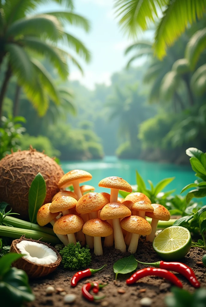 Straw mushroom farm, coconut milk, galangal, lemongrass, kaffir lime, red chili, lime