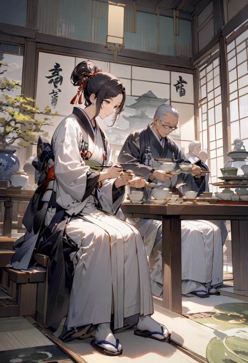 A Japanese leader seated in a serene tea room, carefully arranging tea utensils with a sense of precision and artistry. Around him, advisors and cultural figures observe, acknowledging his role in promoting the arts. The room is filled with the tranquility and elegance of traditional Japanese culture, which he actively supports."
これらのプロンプトで