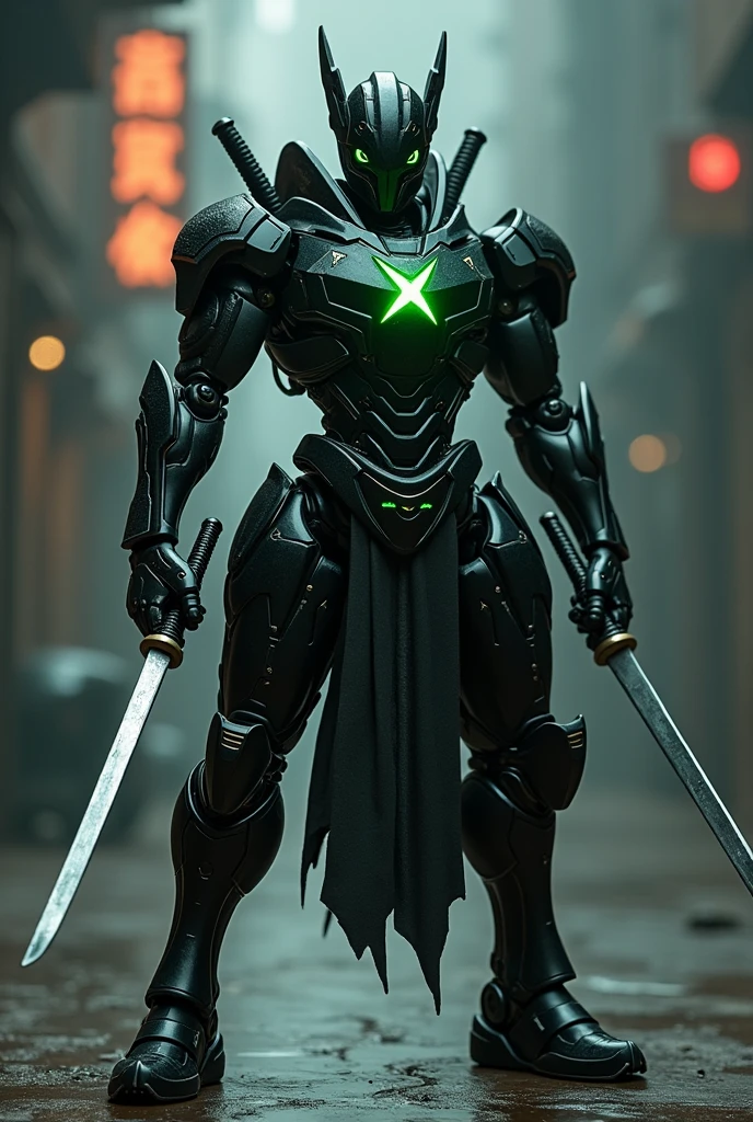 Black robotic suit holding double katana on his hand and an X logo on the chest with green color and X shape visor with green color