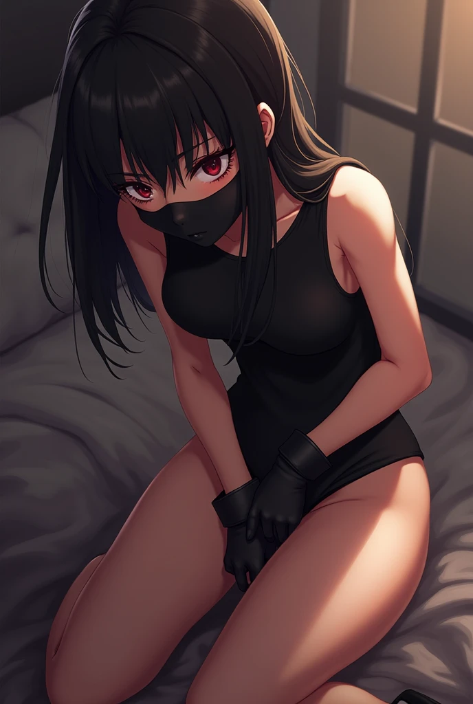 Anime girl, black sleeveless shirt, black gloves,black mask,sexy
fullbodyAngle,leaning forward,have to pee,covering crotch,(((hand between legs))),knees together feet apart