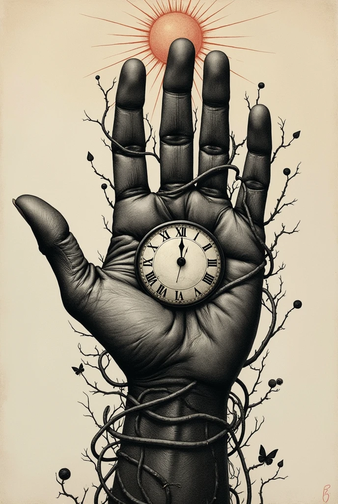 A hand reaching out to the sun with a clock in the middle,Eyes in the palm of your hand,eyeball, Vines wrapped around arms,Santiago Caruso-inspired etching