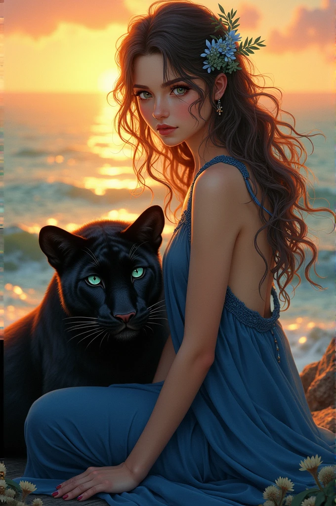 Fille aux yeux marrons et verts, aux cheveux marrons avec des mèches bleues, elle a une robe avec la couleur de la nuit tombante, un coucher de soleil sur sa robe. Elle est assise au bord de la mer. coucher de soleil. On la voit de face et un peu de la mer. Elle a une panthère noire qui est couché à ses pieds et qui a les yeux bleus.