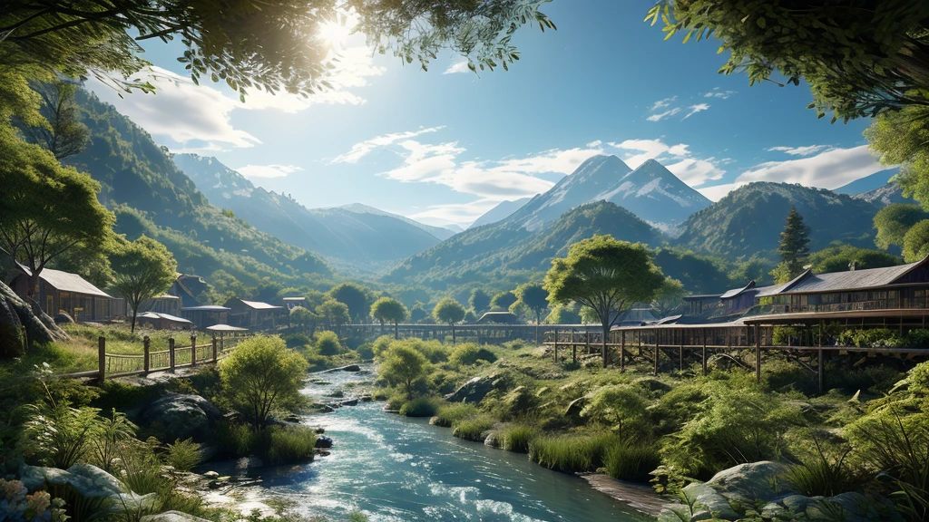 landscape, summer, Clear Stream, forest, unmanned, river, blue sky, nobody, mountains in the distance, HD details, Super detailed, Movie, Surrealism, Soft Light, Deep Focus Bokeh, Ray tracing, Surrealism. , Art Station pixiv Gwise, Xin Haicheng, Art sprouts
