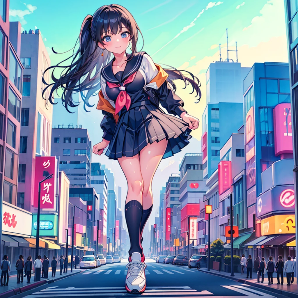((Two giant high school girls standing on the road kissing) ) Composition seen from below, true sunset, sunset, evening, masterpiece Anime style Delicate painting 4K 90's Huge Multiple crowd Crowd in a big city Lots of people ) (( Sailor Uniform)) ((School Uniform)) ((Big City)), ((Tokyo Akihabara Electric Town)), Big Breasts, High School Girl, Transparent Costume, Sweaty, Splashes, Sneakers, Watch, Black Hair, Smile, Female Titan Giant Girl Full Body Crowd Unreal Engine, Cleavage, Image, Earrings, Cute Photo, Beauty, Analog Style, Full Body, Sneakers, GTS, Giant Female Giant, Building Valley Girl, Skyscraper City, Big City, GTS , Giant Female Titan,