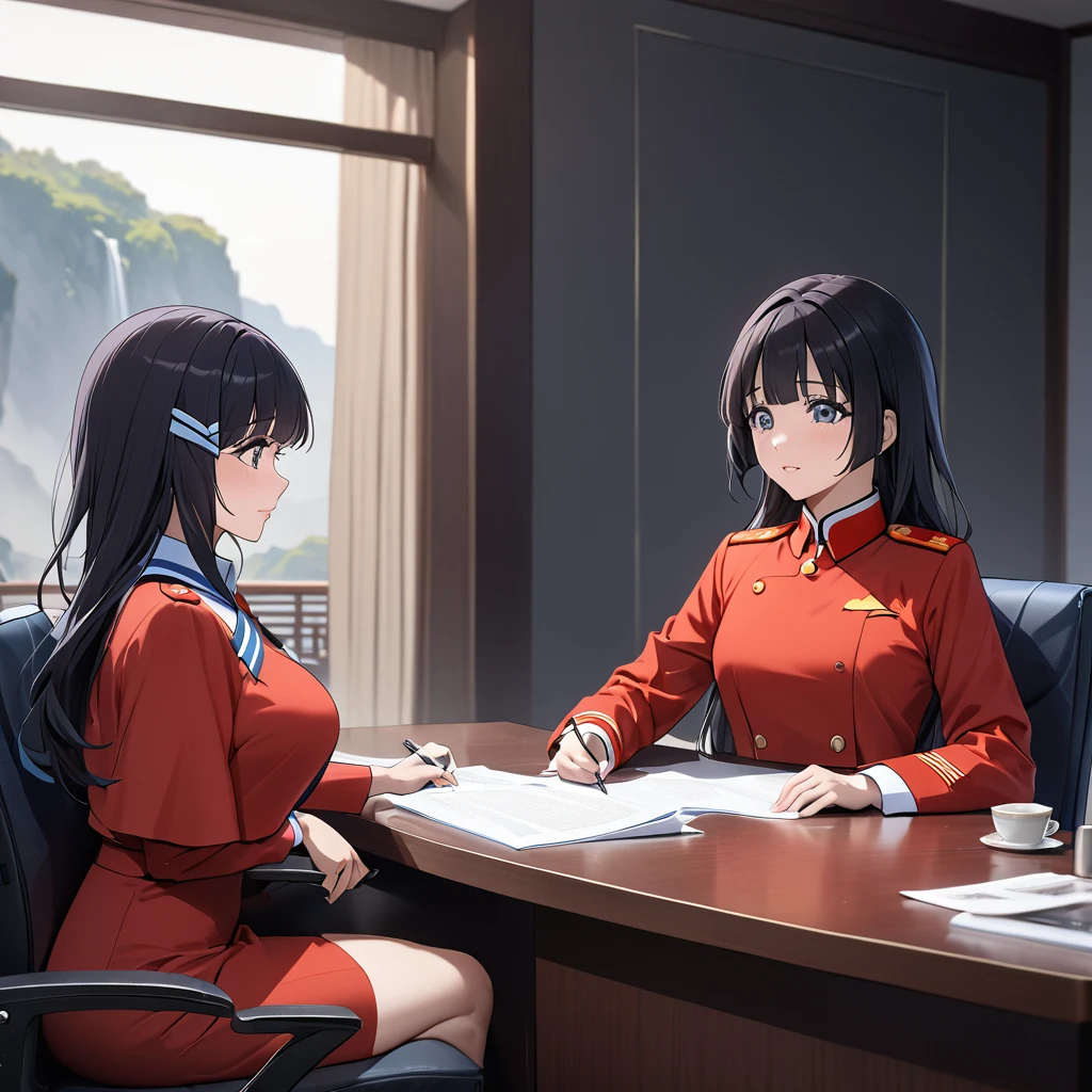 ((Highest quality)), ((masterpiece)), (detailed), （Perfect Face）、The woman is Aoki Reika, a news anchor for the Chinese national broadcasting station with medium-long hair, wearing a red suit.、The woman is a Chinese female announcer interviewing a Chinese Communist Party member.