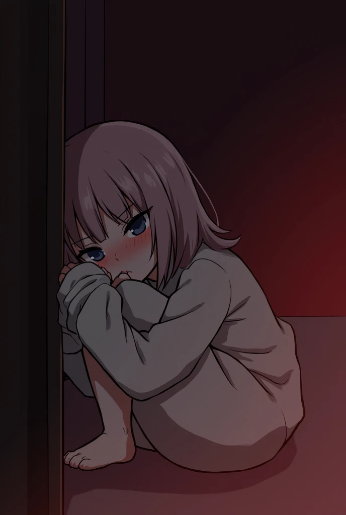 Tiny size small cute sensitive innocent shy blushed anime girl fear crying curl up in a ball and leaning towards the wall. She is hugging her knees and hiding her face. She is sleeping in a red black horrible nightmare background. She is hiding sleeping inside the room safely 