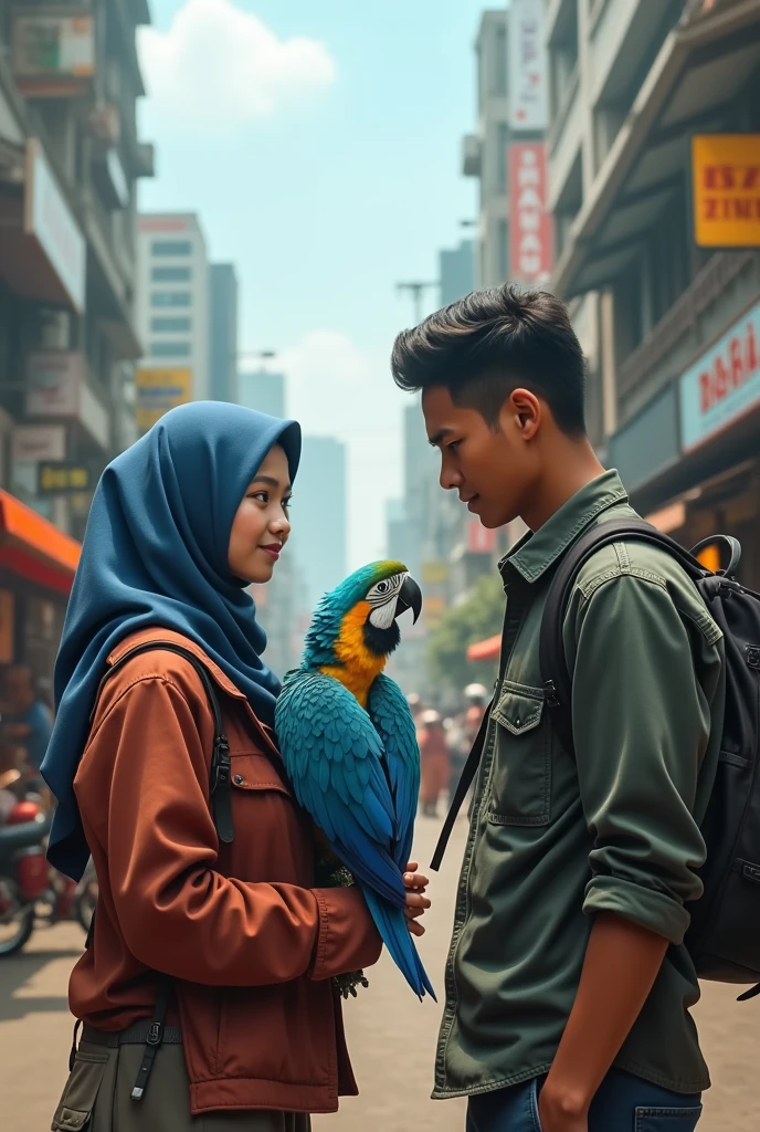 produce ultra high resolution photos in photo realistic style challenging adventure, muslimah girl 28yo named Fitri ayu, and muslim boy 32yo named Sutrisno, and parrot Blue returned to Jakarta with a sense of relief. They promised to maintain friendship and protect parrot Blue.