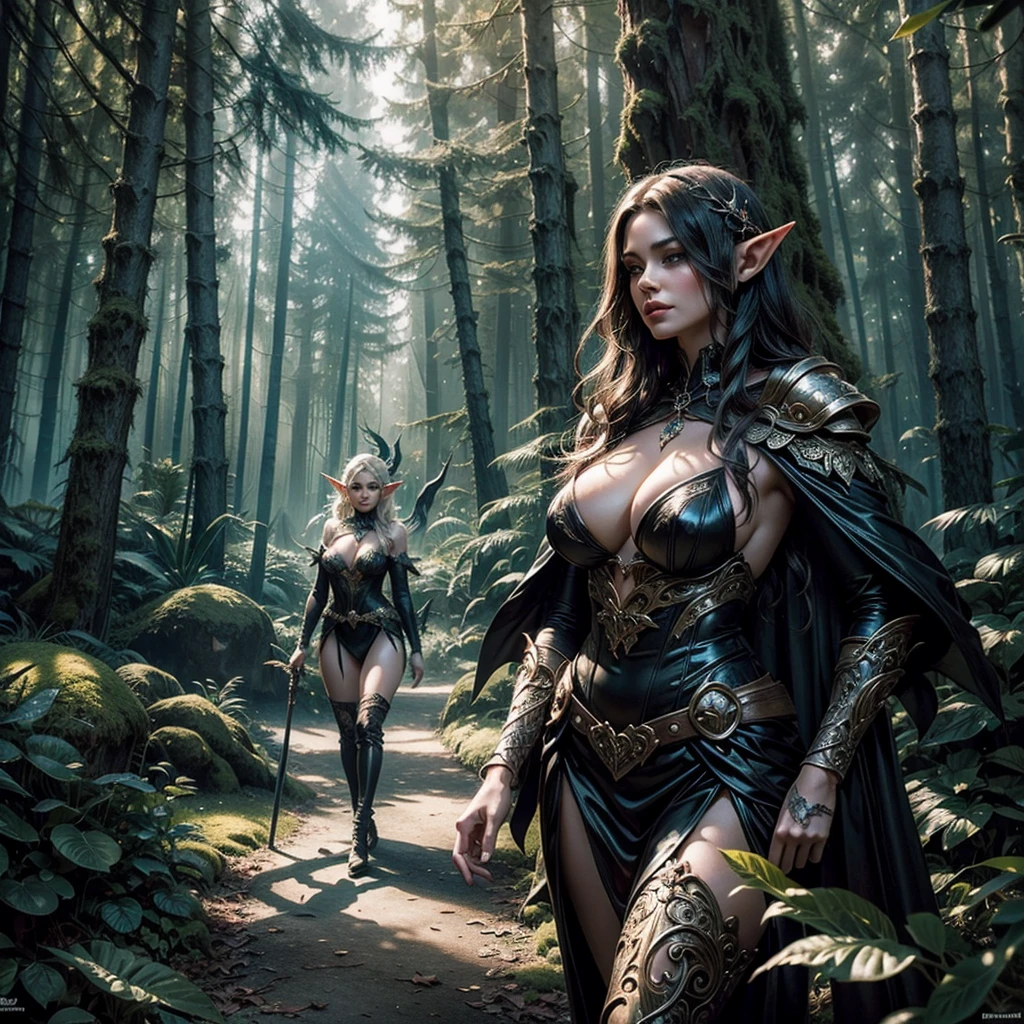 
a sexy and attractive witch woman is walking through an enchanted forest together with a large and surreal elf, the atmosphere around is magical and mysterious,hyper-realistic, hyper-detailed, photo-realistic, perfect-details, intricate-details, high quality