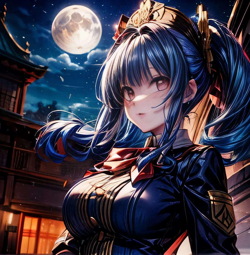 Umineko no Naku ni ni　Erika Furutodo　　uniform　　moon　School　night　Bangs Patsun　Blue Hair Intel　Crimson hair color　