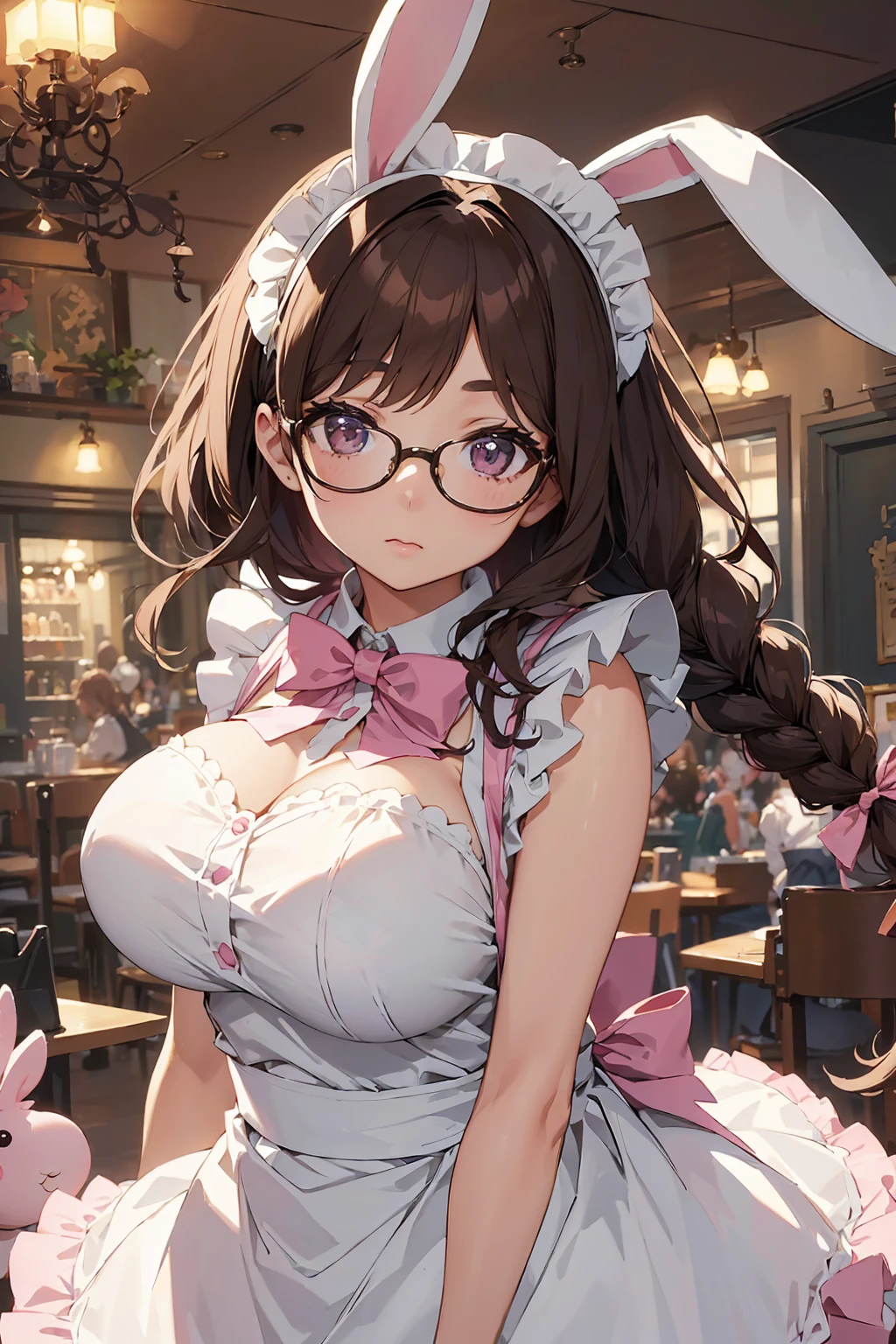 anime screencap of a bunny girl in a maid outfit. Characters, Brown eyes with glasses, Her dark brown hair is tied in a single braid with a ribbon.She has big breasts and a big ass, and wears a pink bunny girl outfit that is a variation of the classic maid outfit.In a pink and white maid outfit with frills and ribbons、With rabbit ears and a tail. A classic cafe is depicted in the background.The overall scene has a cute and elegant atmosphere.