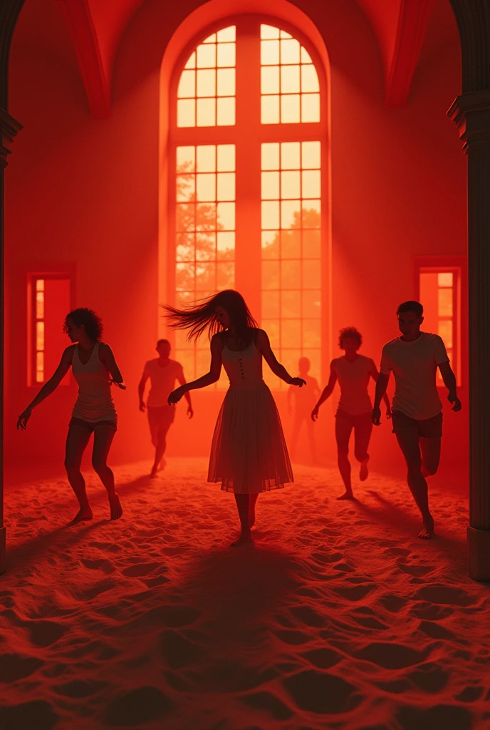 Please generate a picture of a house where there is sand inside the room and red light.  it should be realsitic. the format should be JPG-Format, 3000 x 3000 px. there should be people dancin inside

