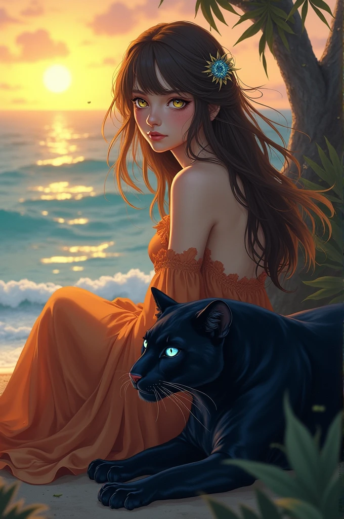 Fille aux yeux marrons et verts, aux cheveux marrons avec des mèches bleues, elle a une robe avec la couleur de la nuit tombante, un coucher de soleil sur sa robe. Elle est assise au bord de la mer. coucher de soleil. On la voit de face et un peu de la mer. Elle a une panthère noire qui est couché à ses pieds et qui a les yeux bleus.