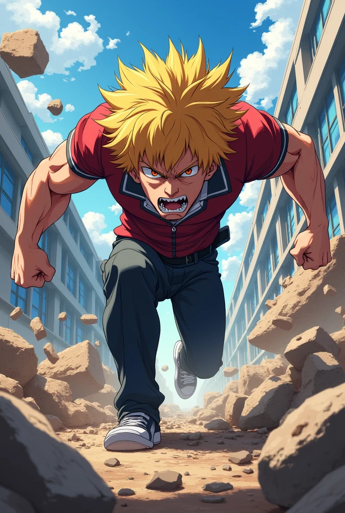 Make katsuki bakugo in school uniform bull dozing various obstacles using enhanced strength and durabillity and make his face full of anger and distress in anime style.