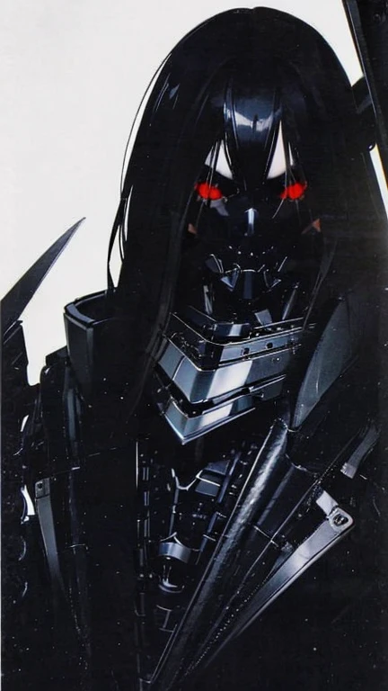 Black Hair、Cold look:1.5、Japanese woman in her 30s、Dark Background、One Cool Lady:1.5、night、whole photo、Dark Eyes、Black gloves、Ominous Machine Lifeform、Nihil、Half of his body is made of machinery、Mechanical Man:1.5、Modern clothing:、Creepy、Scary atmosphere