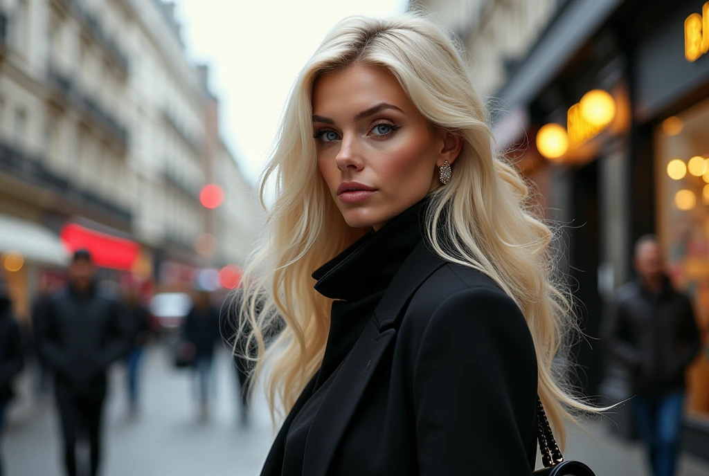 Raquel Hunter, , visage ultra détaillé, Yeux bleus ultra détaillés, cheveux longs blond platine, (Hits dans les rues de londres) regarde deriere elle, (tenues classe) ;(escarpins );(rolex, gucci, luxe), (((seins moyens, Encolure, légère, Chef de'ouvrages d'art)))