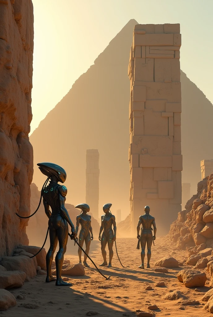 "Depiction of advanced and exotic aliens, in futuristic technological suits, collaborating with prehistoric people in building the pyramids of Egypt, millions of years ago. Aliens Use Levitation and Rock Manipulation Equipment, while people work with primitive tools, helping to position giant stone blocks. The scene should reflect a barren desert with a low sun on the horizon.., and the pyramids, under construction in the background. The scene must combine elements of an ancient era with the impressive presence of alien technology and the interaction between two cultures..."