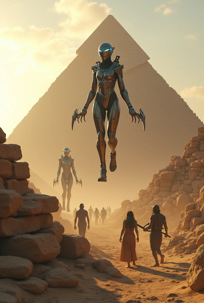 "Depiction of advanced and exotic aliens, in futuristic technological suits, collaborating with prehistoric people in building the pyramids of Egypt, millions of years ago. Aliens Use Levitation and Rock Manipulation Equipment, while people work with primitive tools, helping to position giant stone blocks. The scene should reflect a barren desert with a low sun on the horizon.., and the pyramids, under construction in the background. The scene must combine elements of an ancient era with the impressive presence of alien technology and the interaction between two cultures..."